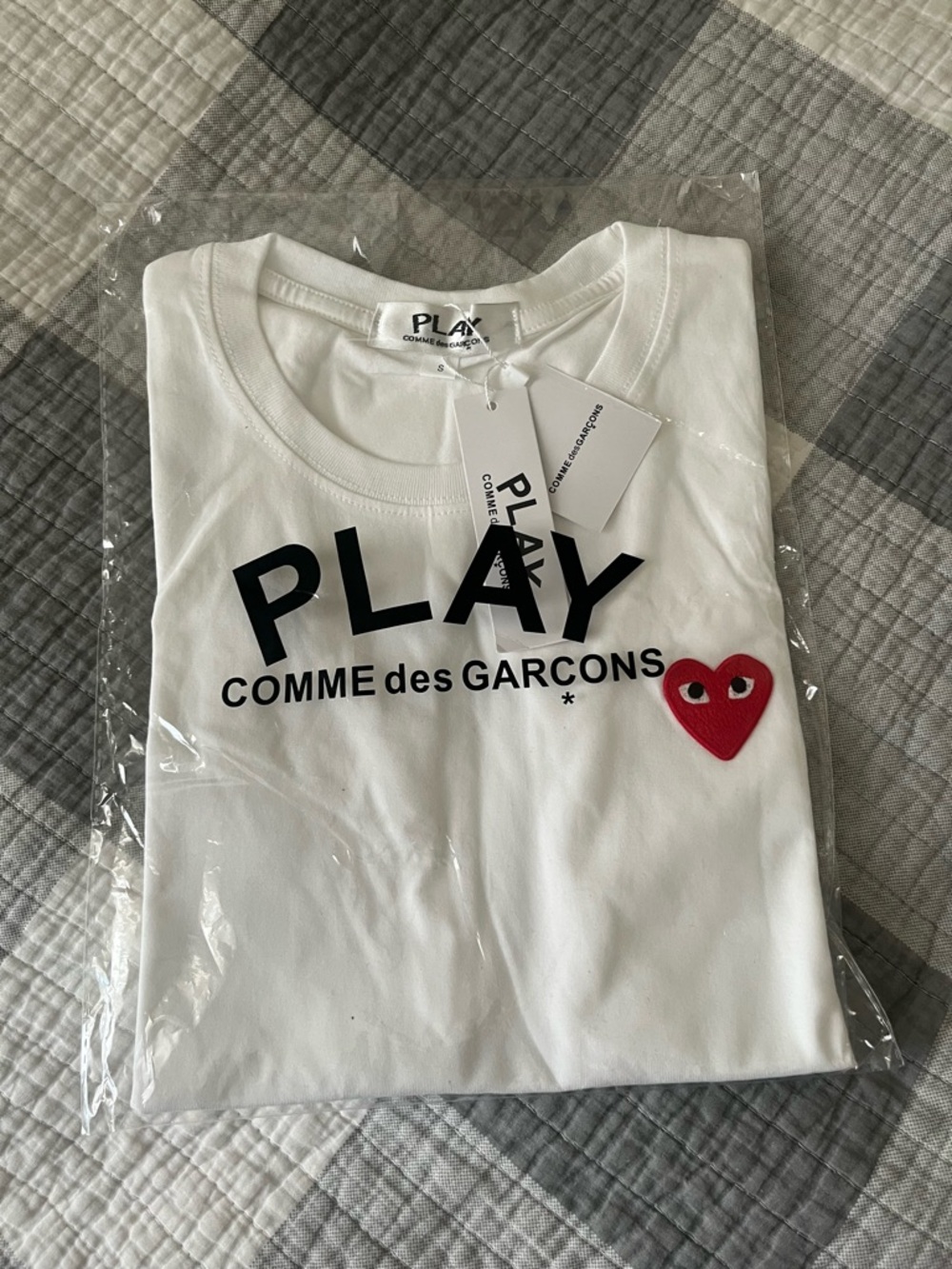 Comme des Garcons PLAY White Logo Tee with Red Heart Patch